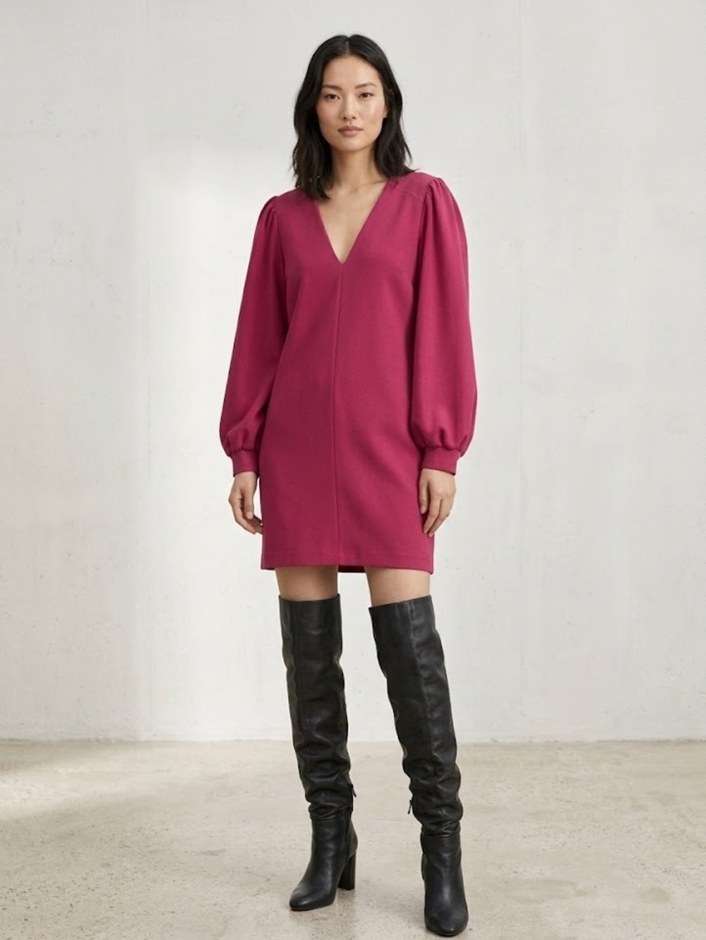 Zara Fuchsia V-Neck Balloon Size XL Sleeve Mini Dress